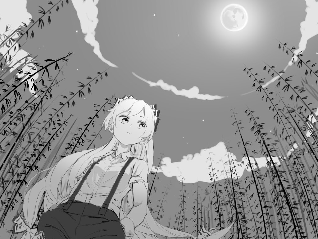 1girl bamboo bamboo_forest bow clouds forest from_below fujiwara_no_mokou full_moon greyscale hair_bow hands_in_pockets long_hair monochrome moon nature pants shirt short_sleeves sky solo star star_(sky) suspenders touhou tuck very_long_hair white_shirt