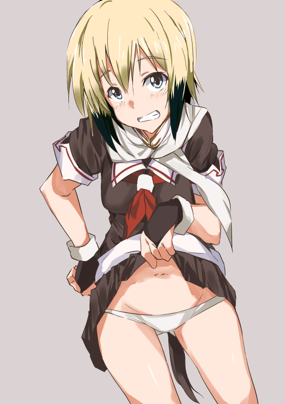 1girl ass_visible_through_thighs black_serafuku black_skirt blonde_hair blue_eyes colored_tips commentary_request cosplay cowboy_shot dog_tail erica_hartmann grey_background grin kantai_collection lifted_by_self looking_at_viewer lowleg lowleg_panties navel neckerchief panties pleated_skirt red_neckwear remodel_(kantai_collection) scarf school_uniform serafuku shino_(ten-m) short_hair simple_background skirt skirt_lift smile solo strike_witches tail underwear white_panties white_scarf world_witches_series yuudachi_(kantai_collection) yuudachi_(kantai_collection)_(cosplay)