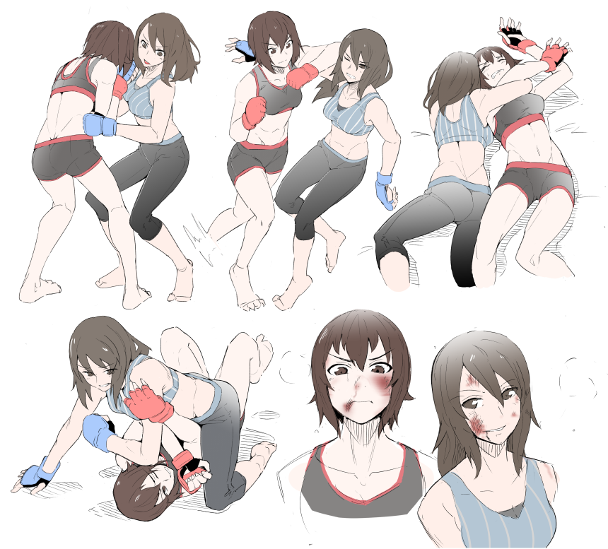 2girls abs arm_triangle_choke barefoot bike_shorts bruise commentary_request face girls_und_panzer gloves injury judo long_hair martial_arts mika_(girls_und_panzer) multiple_girls muscle nexas nishizumi_maho on short_hair shorts sports_bra submission_hold tank_top wrestling