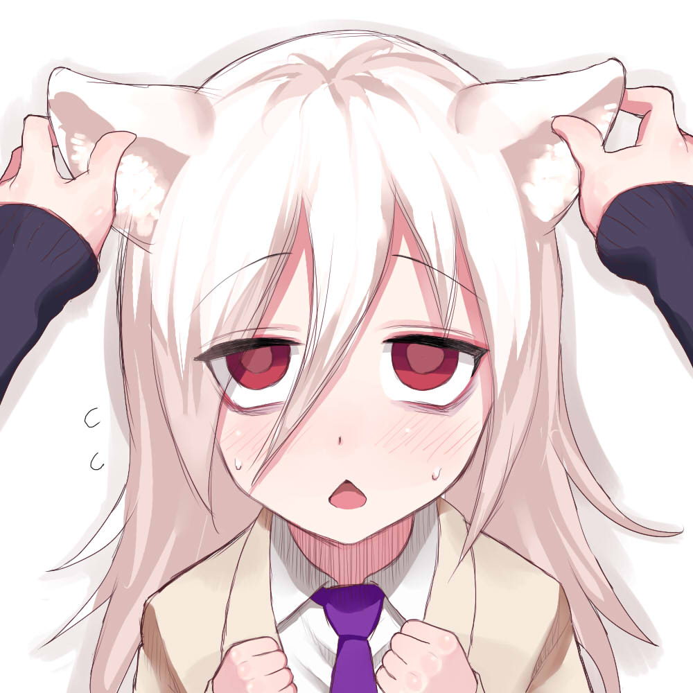 1girl albino animal_ears bags_under_eyes cat_ears chestnut_mouth commentary female_pov flying_sweatdrops hair_between_eyes hair_over_one_eye koma_neko kuroki_tomoko long_hair low_twintails necktie pleated_skirt pov pov_hands purple_neckwear red_eyes school school_uniform shirt skirt solo_focus tamura_yuri touching_ears translated twintails watashi_ga_motenai_no_wa_dou_kangaetemo_omaera_ga_warui! white_hair white_shirt