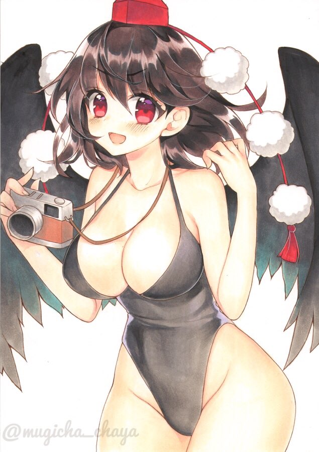 1girl :d artist_name bangs bare_arms bare_shoulders black_hair black_swimsuit black_wings blush breasts camera collarbone commentary commentary_request cowboy_shot eyebrows_visible_through_hair feathered_wings groin hair_between_eyes halterneck hands_up hat holding holding_camera large_breasts looking_at_viewer mugicha_(mugicha0929) one-piece_swimsuit open_mouth pom_pom_(clothes) red_eyes shameimaru_aya short_hair simple_background smile solo standing swimsuit tassel thighs tokin_hat touhou traditional_media twitter_username v-shaped_eyebrows white_background wings