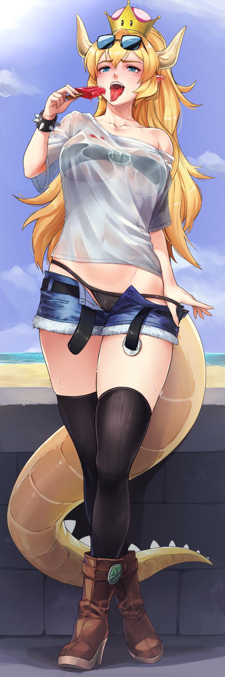 1girl belt bikini black_belt black_bikini black_legwear blonde_hair blue_eyes boots bowsette bracelet breasts brown_footwear collarbone commentary commission crossed_legs crown dakimakura day denim denim_shorts english_commentary eyewear_on_head fang food full_body fur-trimmed_shorts high_heel_boots high_heels highres horns jewelry large_breasts long_hair super_mario_bros. maritan_(pixelmaritan) monster_girl navel new_super_mario_bros._u_deluxe open_fly open_mouth outdoors pointy_ears popsicle see-through shirt short_shorts shorts solo spiked_bracelet spiked_tail spikes sunglasses super_crown sweat swimsuit tail thigh-highs tongue tongue_out undone_belt watson_cross white_shirt