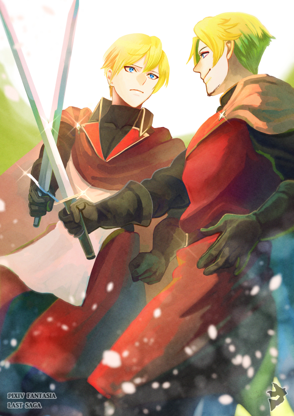 2boys belt black_gloves blonde_hair blue_eyes blurry_foreground brown_cape cape clenched_hand copyright_name day dylan_the_island_king ethan_the_exiled_hero eye_contact facial_hair glint gloves holding holding_sword holding_weapon looking_at_another male_focus mizuki_apple multiple_boys outdoors pixiv_fantasia pixiv_fantasia_last_saga red_cape smirk standing stubble sword weapon white_sky