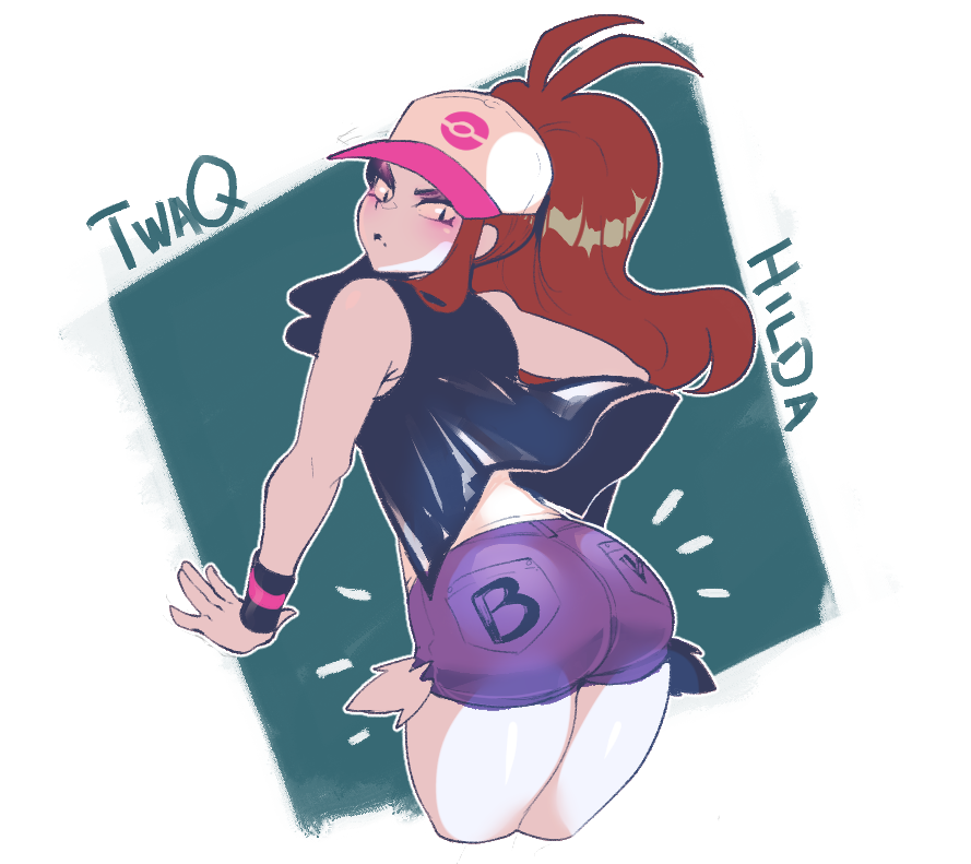 1girl ass baseball_cap big_hair brown_hair character_name commentary english_commentary from_behind hat high_ponytail long_hair looking_back pockets_visible pokemon pokemon_(game) pokemon_bw short_shorts shorts sidelocks signature sleeveless slit_pupils solo thiccwithaq touko_(pokemon) vest wristband