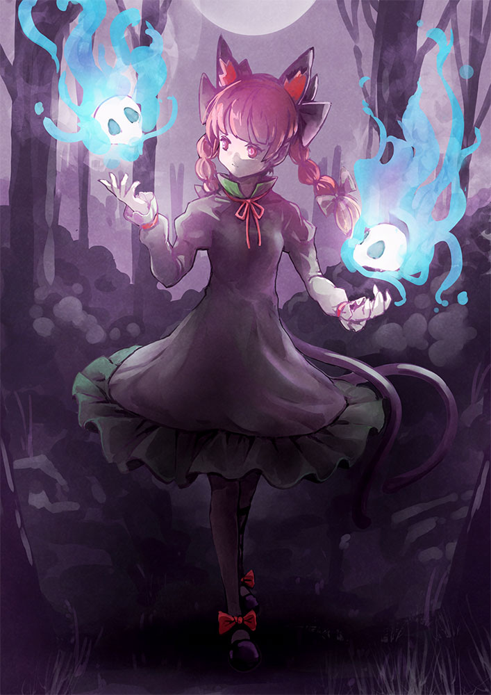 1girl animal_ears black_bow black_dress black_footwear black_legwear bow braid cat_ears cat_tail commentary_request dress forest frills grass hair_bow kaenbyou_rin long_hair long_sleeves multiple_tails nature red_bow red_eyes redhead satyuas shoe_bow shoes skull tail touhou tree twin_braids two_tails
