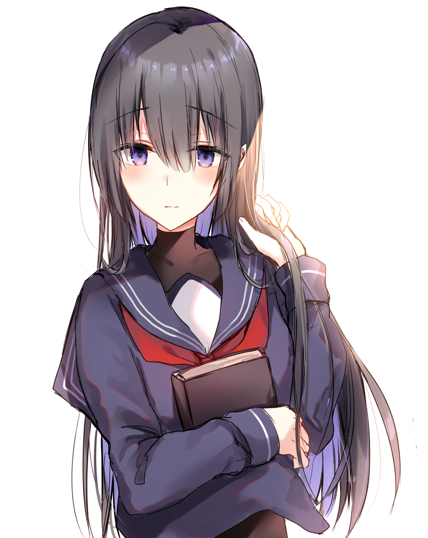 1girl black_hair blue_sailor_collar blue_serafuku blue_shirt blush book closed_mouth commentary_request covered_collarbone fingernails hand_in_hair hand_up kinona long_hair long_sleeves looking_at_viewer multicolored_hair object_hug original purple_hair red_neckwear sailor_collar school_uniform serafuku shirt simple_background solo two-tone_hair upper_body very_long_hair violet_eyes white_background