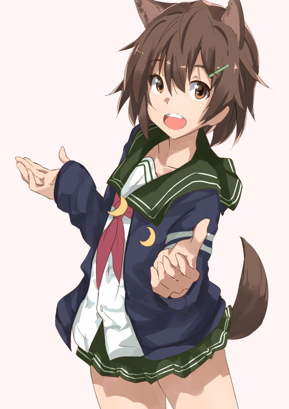 1girl animal_ears beige_background blue_jacket brave_witches brown_eyes brown_hair commentary_request cosplay cowboy_shot crescent crescent_moon_pin dog_ears dog_tail green_sailor_collar green_skirt hair_ornament hairclip jacket kantai_collection karibuchi_hikari mutsuki_(kantai_collection) mutsuki_(kantai_collection)_(cosplay) neckerchief open_mouth pleated_skirt red_neckwear remodel_(kantai_collection) round_teeth sailor_collar school_uniform serafuku shino_(ten-m) short_hair simple_background skirt smile solo tail teeth upper_teeth world_witches_series