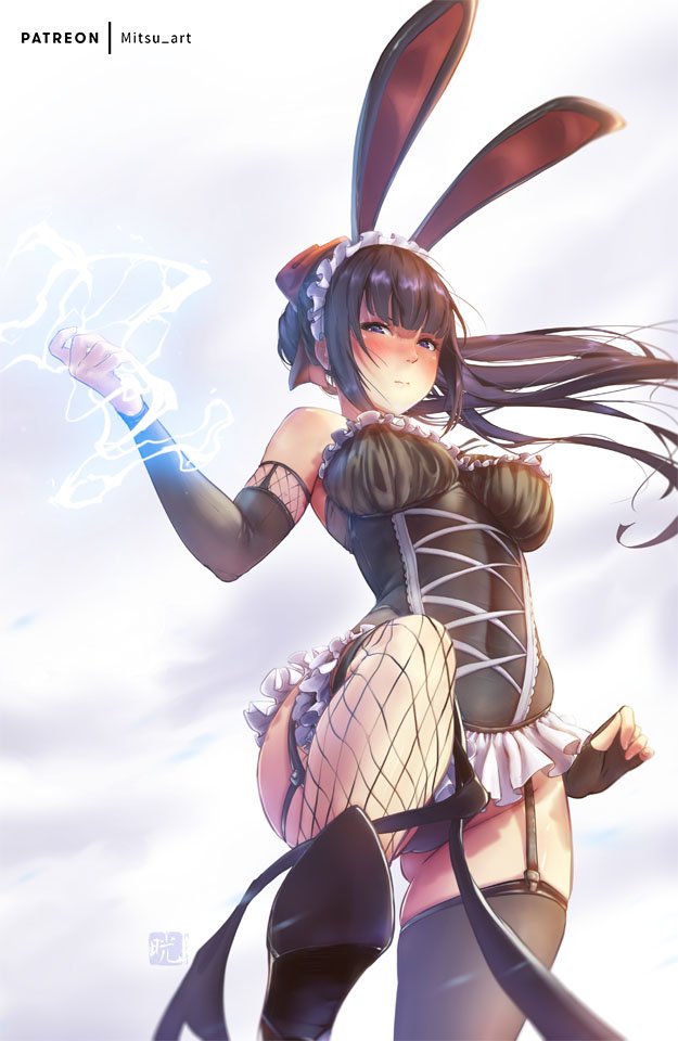 1girl animal_ears bangs black_hair black_leotard blunt_bangs breasts bunny_girl bunnysuit commentary elbow_gloves electricity fake_animal_ears fingerless_gloves fishnet_pantyhose fishnets garter_belt gloves leotard lightning long_hair looking_at_viewer maid maid_headdress mitsu_(mitsu_art) narberal_gamma open_mouth overlord_(maruyama) pantyhose rabbit_ears simple_background solo strapless strapless_leotard thigh-highs