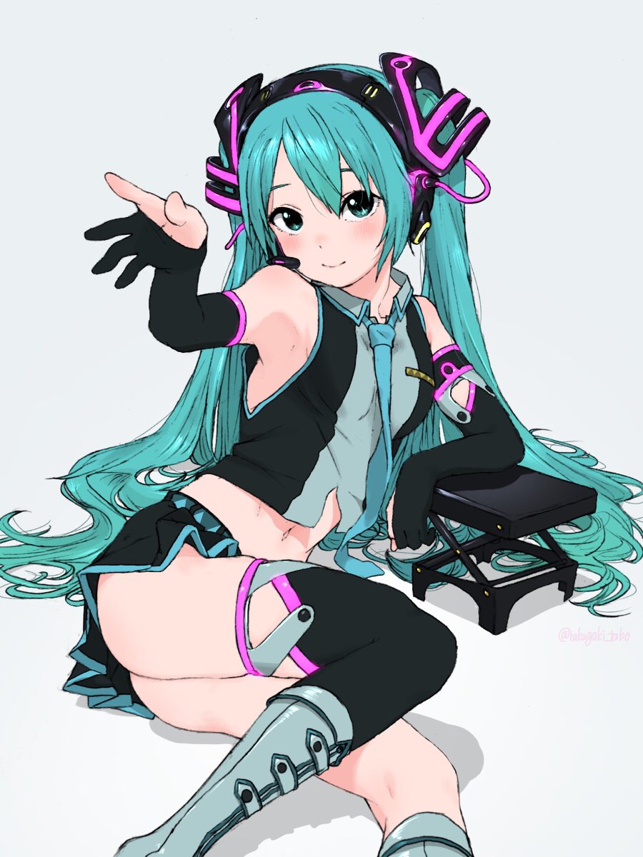 1girl alternate_costume aqua_eyes aqua_hair aqua_neckwear arm_rest armpits ass bare_shoulders black_gloves black_legwear blush boots commentary crop_top elbow_gloves feet_out_of_frame gloves hair_ornament hand_up hatsune_miku head_tilt headphones headset highres light_smile long_hair looking_at_viewer lying midriff navel necktie neon_trim partly_fingerless_gloves shirt sleeveless sleeveless_shirt solo stomach stool thigh-highs turbo_engine_(rakugaki_tabo) twintails two-tone_shirt very_long_hair vocaloid