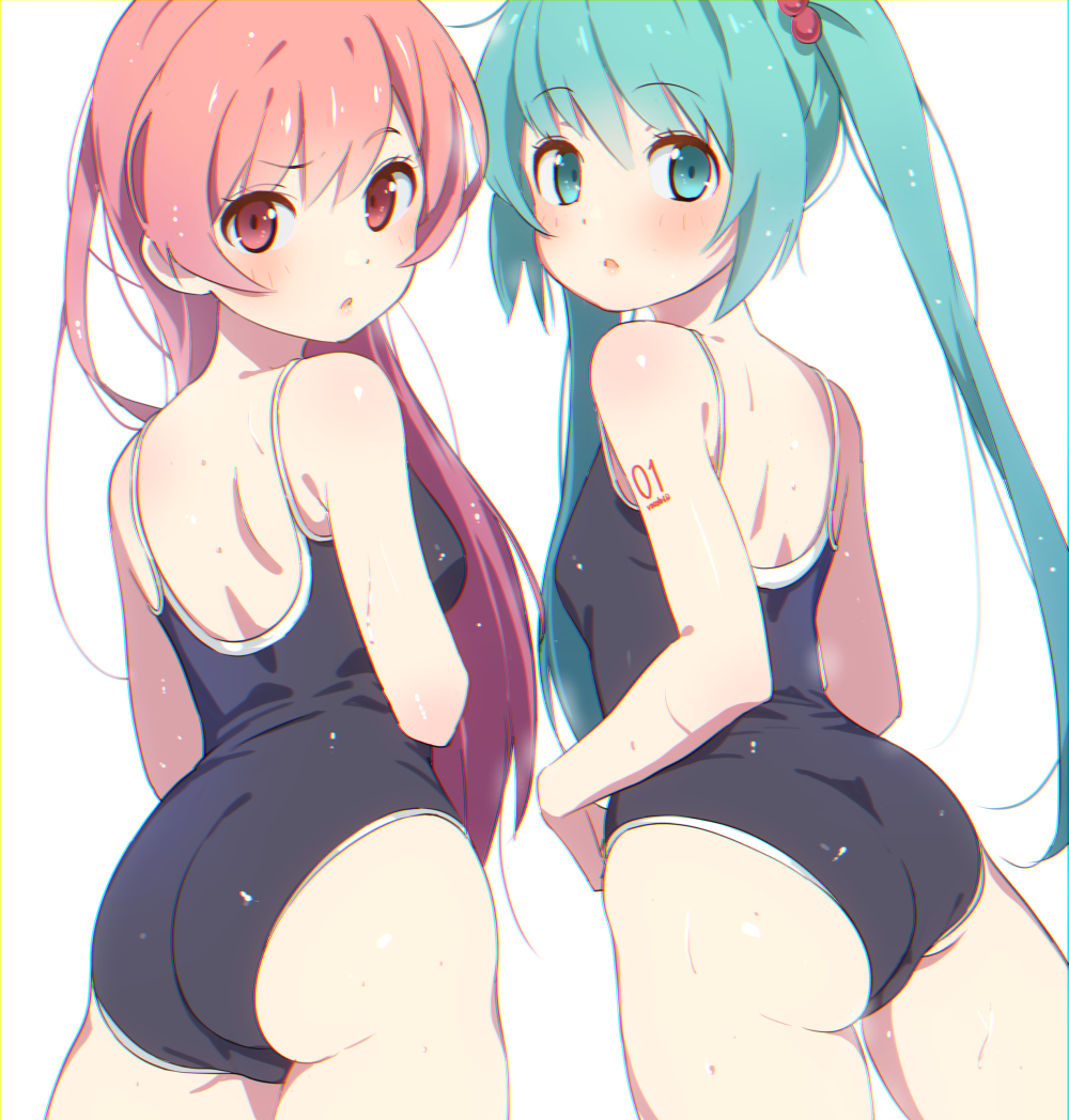 2girls aqua_eyes aqua_hair ass blush cowboy_shot from_behind hatsune_miku long_hair looking_at_viewer looking_back megurine_luka multiple_girls one-piece_swimsuit red_eyes redhead swimsuit tshangen131 twintails very_long_hair vocaloid white_background