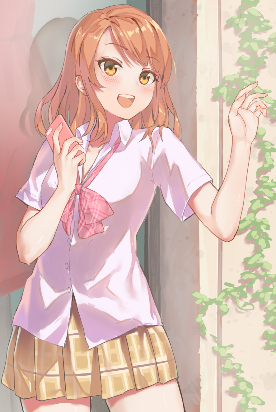 1girl blush bow breasts brown_eyes brown_hair cellphone commentary_request eyebrows_visible_through_hair highres holding holding_cellphone holding_phone houjou_karen idolmaster idolmaster_cinderella_girls idolmaster_cinderella_girls_starlight_stage long_hair looking_at_viewer open_mouth outdoors phone pink_bow pleated_skirt shirt short_sleeves shoukichi_(shony) skirt smile solo upper_teeth white_shirt