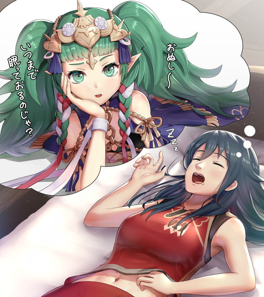 2girls alternate_costume bed black_hair byleth_(fire_emblem) byleth_eisner_(female) dreaming drooling fire_emblem fire_emblem:_three_houses gonzarez green_eyes green_hair head_on_hand lying multiple_girls navel on_stomach open_mouth sleeping sothis_(fire_emblem) translated