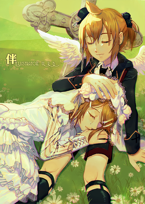 1boy 1girl angel_wings bangs black_flower black_jacket black_neckwear blonde_hair brother_and_sister closed_eyes commentary cross crying daisy dress field flower formal frilled_dress frills grass hair_flower hair_ornament hair_ribbon hairclip hand_on_another's_head hat jacket kagamine_len kagamine_rin kneehighs layered_dress lying mini_hat necktie on_side outdoors ribbon shirt short_hair short_ponytail shorts siblings sitting sleeping sleeping_on_person spiky_hair suit suit_jacket swept_bangs tears tombstone tuxedo twins vocaloid w.r.b white_dress white_ribbon white_shirt wings