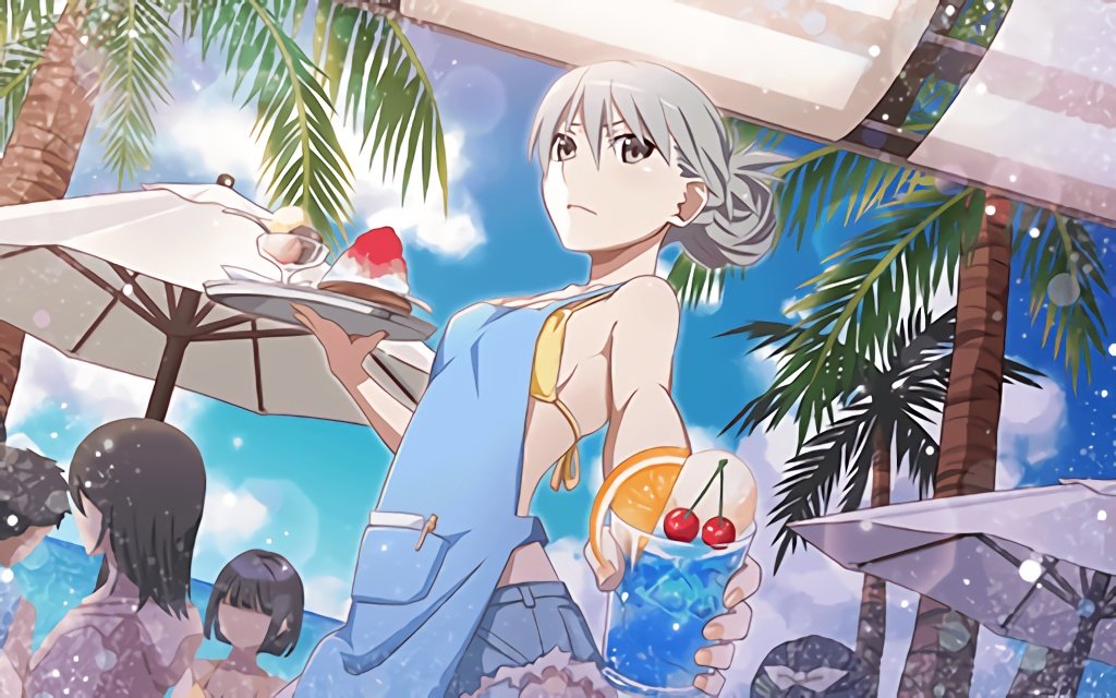 1boy 4girls apron bangs bare_shoulders beach_umbrella blue_sky bow breasts cherry closed_mouth cup food fruit hair_between_eyes hair_bow hair_bun holding holding_cup ice_cream lens_flare looking_at_viewer looking_down medium_breasts monogatari_(series) monogatari_series_puc_puc multiple_girls official_art oikura_sodachi orange orange_slice outstretched_arm palm_tree shaved_ice short_hair short_shorts shorts sideboob silver_hair sky solo_focus tray tree umbrella waitress watanabe_akio yellow_bikini_top