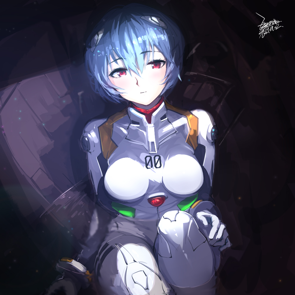 1girl artist_name ayanami_rei bangs blue_hair blush bodysuit breasts breasts_apart chinese_commentary closed_mouth commentary_request dated ejami eyebrows_visible_through_hair gloves headgear lcl light_particles medium_breasts neon_genesis_evangelion partially_submerged plugsuit red_eyes short_hair signature sitting skin_tight smile solo water white_bodysuit white_gloves