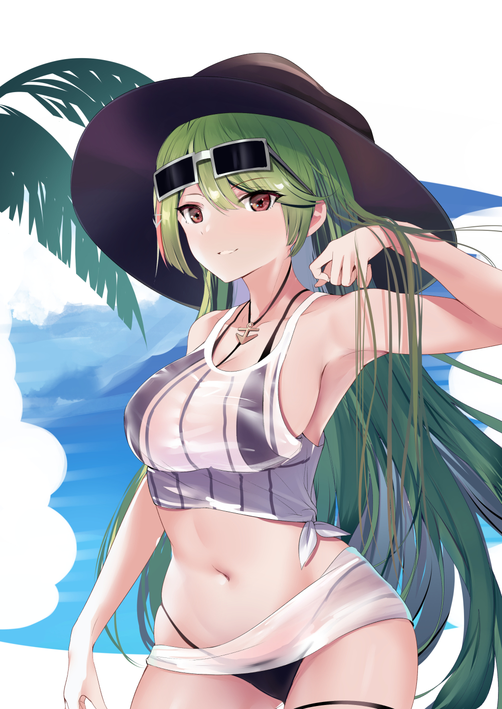 1girl alternate_costume arm_up armpits azur_lane bangs bare_arms bare_shoulders bikini black_bikini black_headwear blush breasts brown_eyes cowboy_shot crop_top day earrings eyebrows_visible_through_hair eyewear_on_head green_hair hand_up hat highres jewelry large_breasts littorio_(azur_lane) littorio_(the_glory_of_naples)_(azur_lane) long_hair looking_at_viewer midriff multicolored_hair navel necklace outdoors palm_leaf parted_lips red_eyes redhead schreibe_shura see-through shirt sidelocks silver-framed_eyewear skindentation sky sleeveless sleeveless_shirt smile solo standing stomach streaked_hair sun_hat sunglasses swimsuit thigh_strap very_long_hair white_shirt