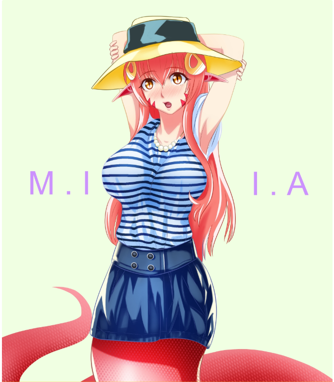 1girl :o armpits arms_behind_head arms_up belt blue_skirt blush breasts character_name eyebrows_visible_through_hair fang green_background hair_between_eyes hair_ornament hairclip hat jellyring jewelry lamia large_breasts lips long_hair looking_at_viewer miia_(monster_musume) monster_girl monster_musume_no_iru_nichijou necklace nose_blush pointy_ears redhead scales shirt simple_background skirt sleeveless slit_pupils standing striped striped_shirt tail upper_body white_shirt yellow_eyes