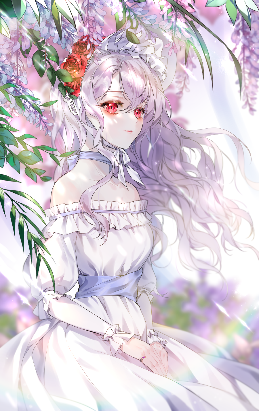 1girl akilen bare_shoulders blurry blurry_background bonnet copyright_request day dress flower hair_flower hair_ornament highres jewelry light_smile long_hair official_art pale_skin red_eyes ring short_sleeves silver_hair sitting solo tree very_long_hair white_dress