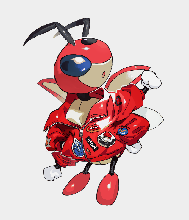 antennae arm_up blue_sclera bottomless clenched_hands clothed_pokemon commentary_request extra_arms full_body gen_2_pokemon grey_background hands_on_hips jacket ledian looking_up newo_(shinra-p) no_humans open_mouth poke_ball_symbol pokemon pokemon_(creature) red_jacket shiny shiny_skin simple_background solo standing white_eyes wings zipper zipper_pull_tab