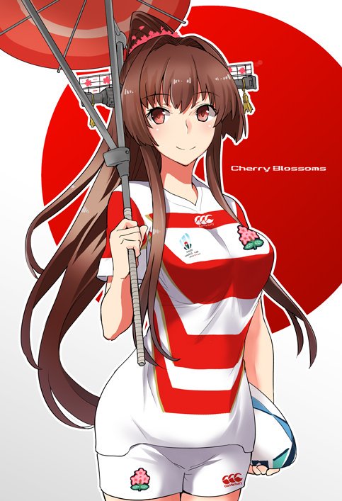 1girl alternate_costume bangs blush breasts brown_hair cherry_blossoms english_text eyebrows_visible_through_hair flower fujii_jun hair_ornament headgear holding jersey kantai_collection long_hair oriental_umbrella ponytail red_umbrella rugby rugby_ball rugby_uniform short_sleeves shorts smile solo sportswear umbrella yamato_(kantai_collection)