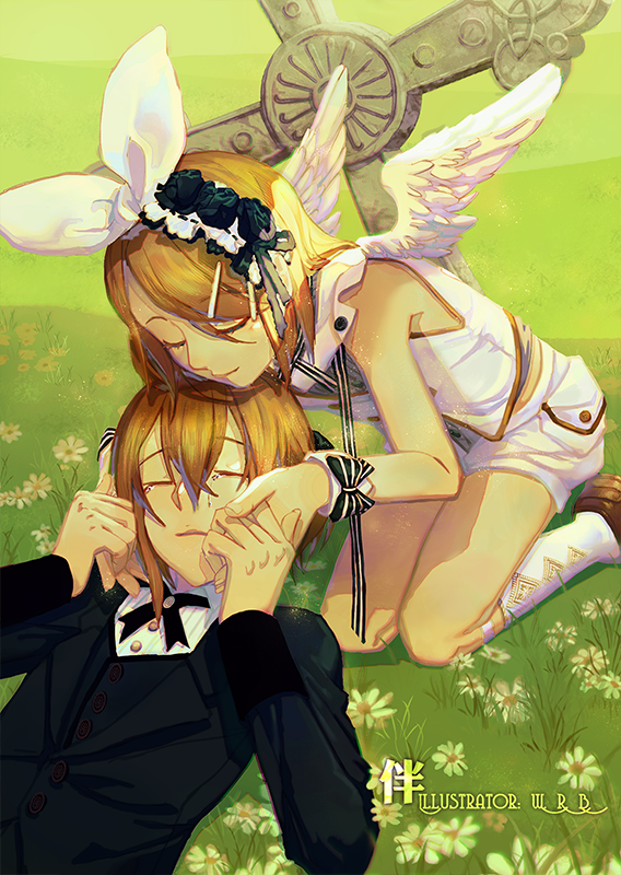 1boy 1girl angel angel_wings bangs bare_shoulders black_ribbon black_suit blonde_hair bow brother_and_sister closed_eyes commentary cross crying daisy day flower formal frilled_headband grass hair_bow hair_flower hair_ornament hairclip hand_on_another's_face head_on_head holding_hands kagamine_len kagamine_rin kneeling leaning_forward light_smile lying neck_ribbon on_back outdoors ribbon shirt shoes short_hair shorts siblings sleeveless sleeveless_shirt socks suit swept_bangs tears tombstone tuxedo twins vocaloid w.r.b white_bow white_legwear white_shirt white_shorts wings wrist_cuffs wrist_ribbon