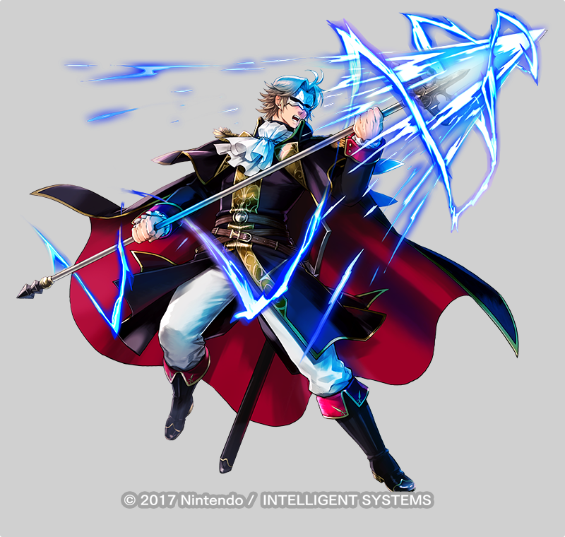 1boy belt blonde_hair boots camus_(fire_emblem) cape electricity epaulettes fire_emblem fire_emblem:_mystery_of_the_emblem fire_emblem:_new_mystery_of_the_emblem fire_emblem_heroes full_body grey_background male_focus mask official_art open_mouth polearm solo spear sword teeth weapon