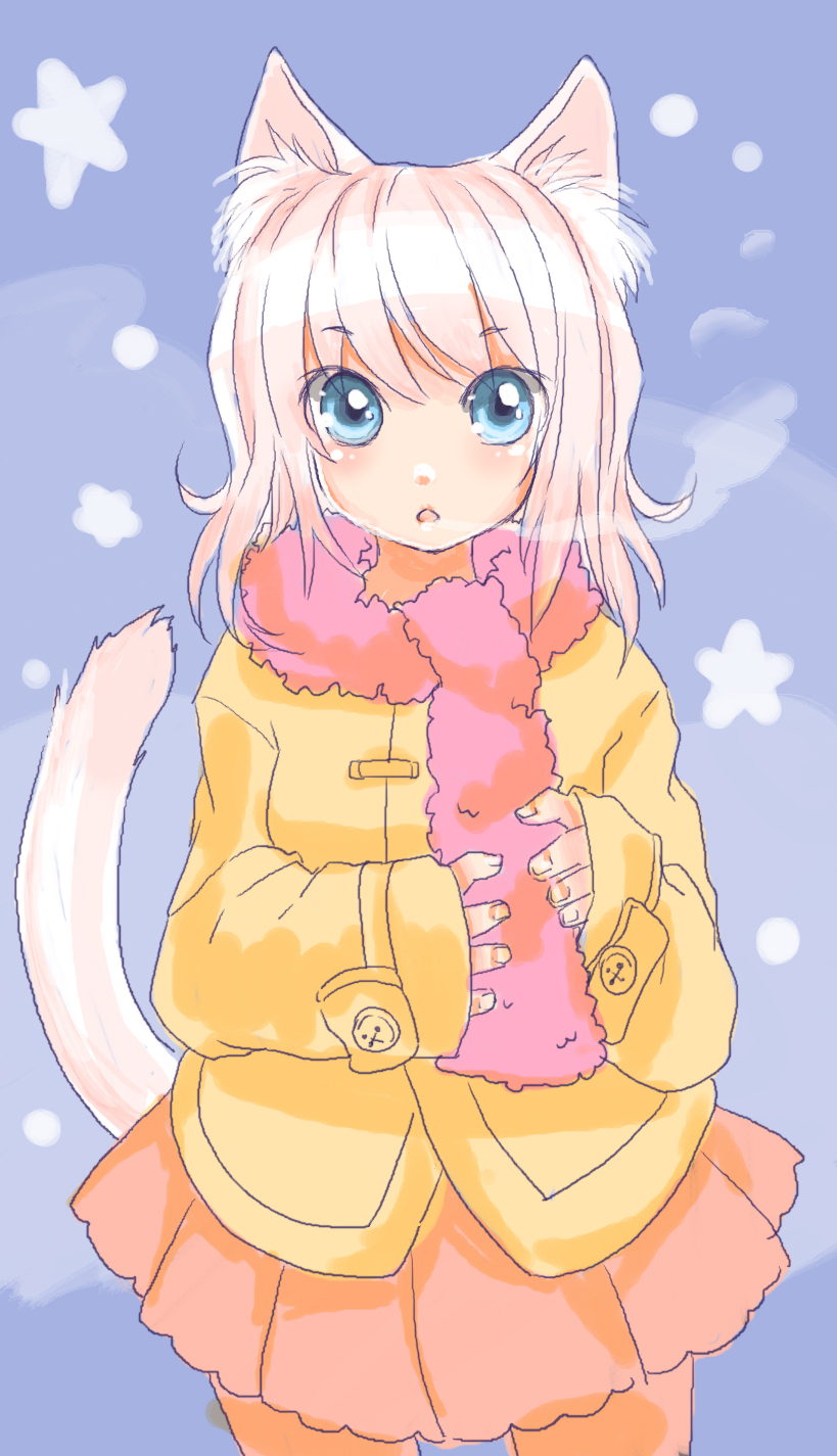 :o animal_ears blue_eyes buttons cat_ears cat_tail coat highres mosho nekomimi pantyhose scarf skirt tail white_hair