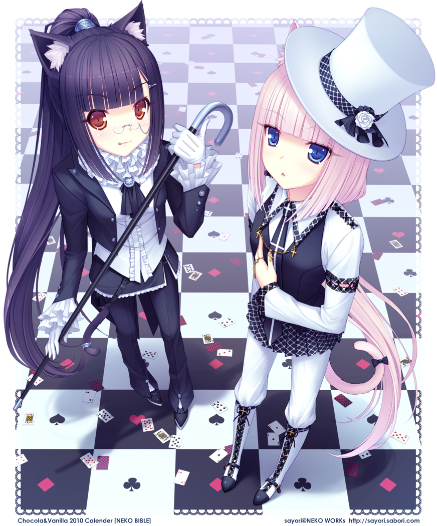 :&lt; animal_ears black_hair blonde_hair blue_eyes boots brown_eyes cane card cat_ears cat_tail checkered checkered_floor chocolat_(sayori) flower formal glasses hat hat_flower lolita_fashion long_hair lying_card glasses multiple_girls nekomimi original playing_card_theme ponytail sayori tail top_hat vanilla_(sayori) white_hair