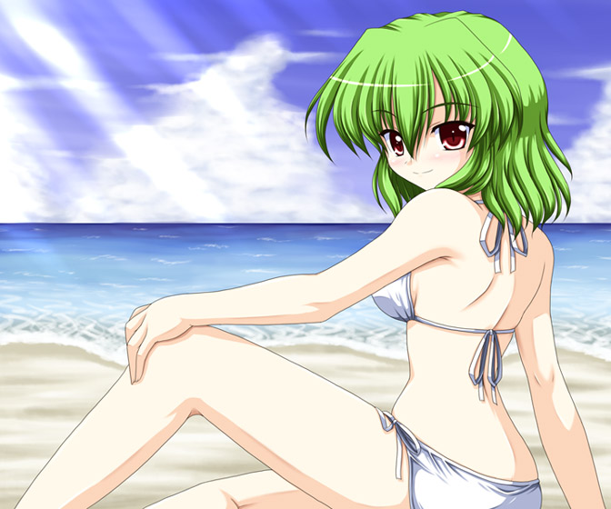 beach bikini blush bococho breasts brown_eyes cloud clouds green_hair kazami_yuuka legs ocean red_eyes short_hair side-tie_bikini sideboob sitting sky slit_pupils smile swimsuit touhou white_bikini