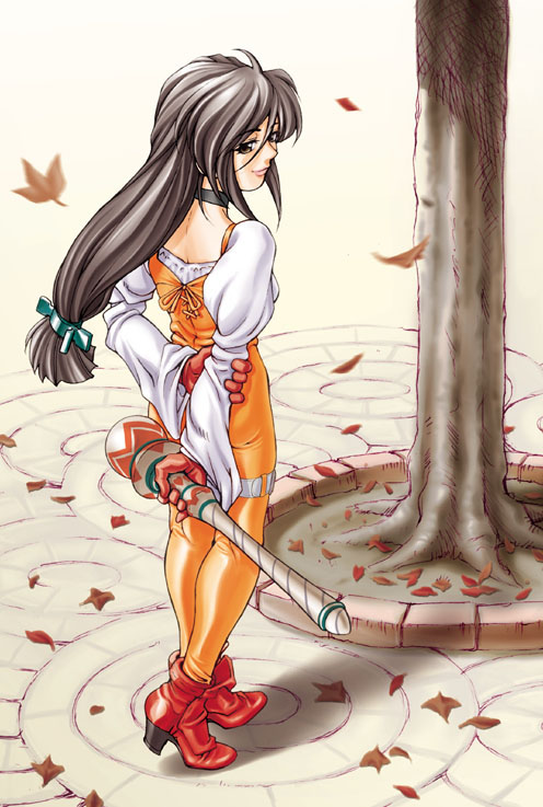 1girl arms_behind_back bodysuit choker closed_mouth final_fantasy final_fantasy_ix full_body garnet_til_alexandros_xvii gloves high_heels holding holding_staff latex leaves long_hair long_sleeves low-tied_long_hair orange_bodysuit red_footwear red_gloves red_shoes shoes smile solo staff standing