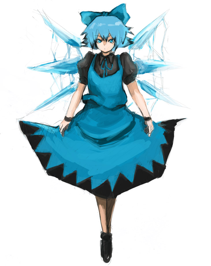 alternate_color aqua_eyes aqua_hair bow cirno dress hair_bow kasa serious short_hair simple_background sketch touhou wings