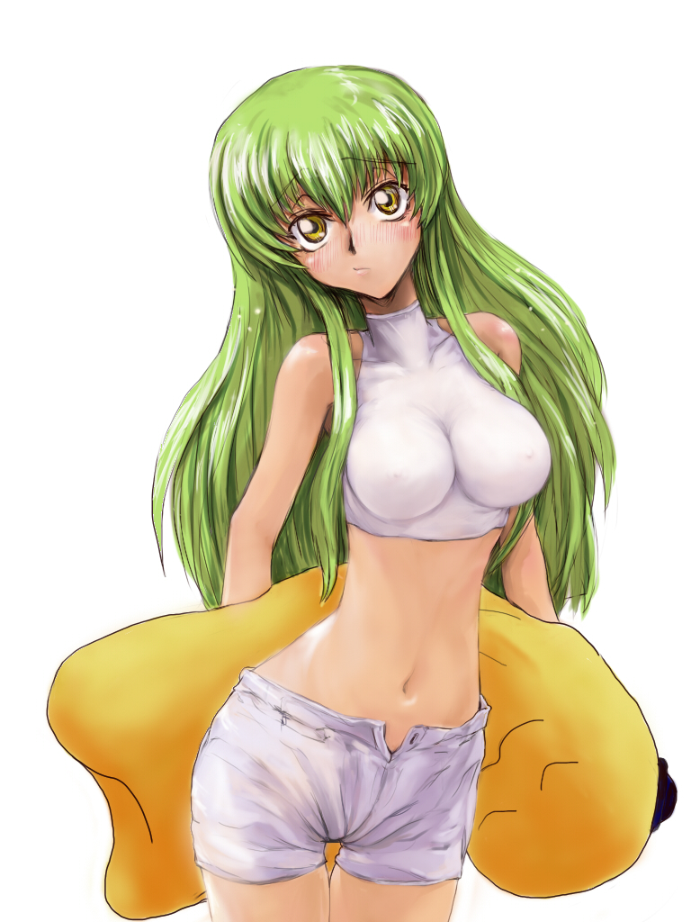 blush breasts c.c. cc cheese-kun code_geass erect_nipples gaku_(pixiv) green_hair long_hair midriff navel open_fly pizza_hut shorts sleeveless sleeveless_turtleneck tank_top turtleneck unzipped yellow_eyes