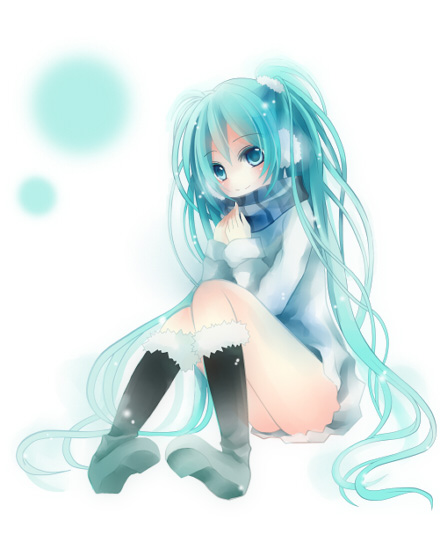 aqua_eyes aqua_hair boots earmuffs hatsune_miku knee_boots long_hair maria_(m-twi) scarf scrunchie simple_background sitting smile solo striped striped_scarf twintails very_long_hair vocaloid