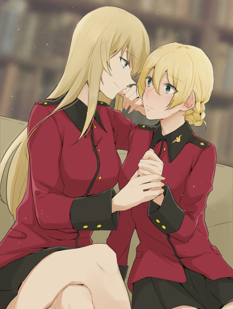2girls bangs black_skirt blonde_hair blue_eyes blurry blurry_background blush braid closed_mouth commentary couch crossed_arms darjeeling_(girls_und_panzer) depth_of_field dutch_angle earl_grey_(girls_und_panzer) eyebrows_visible_through_hair frown girls_und_panzer hand_to_own_mouth holding_hands indoors jacket long_hair long_sleeves looking_at_another military military_uniform miniskirt multiple_girls on_couch pleated_skirt red_jacket short_hair side-by-side sitting skirt smile st._gloriana's_military_uniform tied_hair uniform yuri yuuhi_(arcadia)