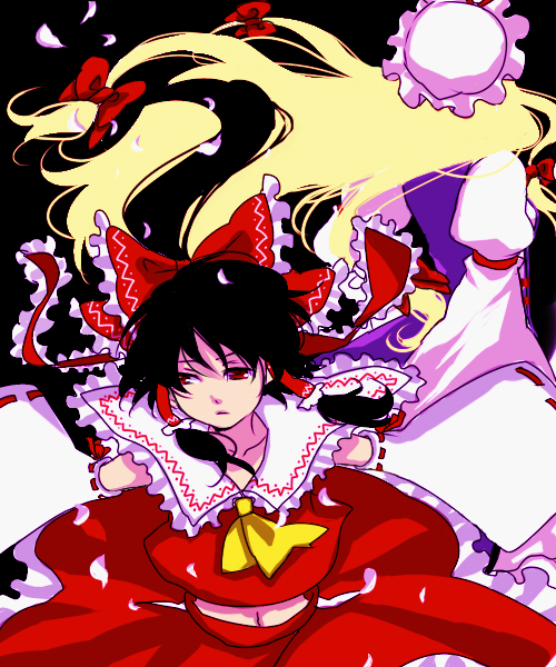 black_hair blonde_hair bow cherry_blossoms detached_sleeves dress frills frown hair_bow hakurei_reimu hat japanese_clothes long_hair midriff miko multiple_girls navel nugaa outstretched_arms petals red_eyes spread_arms touhou very_long_hair yakumo_yukari