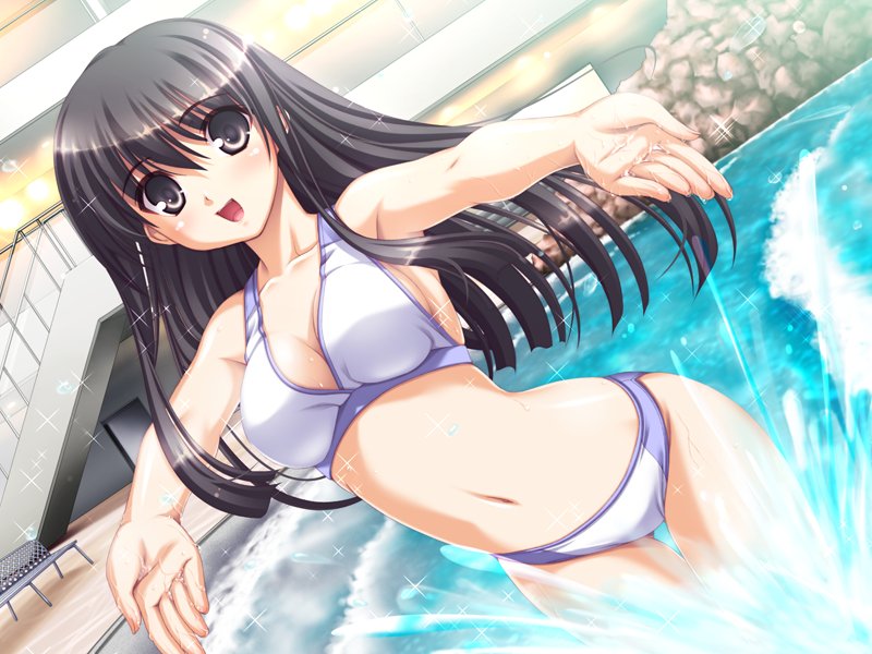 black_eyes black_hair game_cg long_hair nemigi_tsukasa pool sanada_natsuko splash swimsuit water yumemishi
