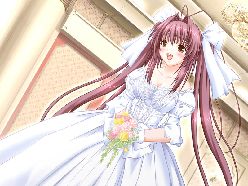 blush bouquet bouquets bow breasts brown_eyes chocolat_maid_cafe_curio dress flower game_cg gloves gown hair_bow hair_intakes large_breasts manai_misato nekonyan open_mouth twintails wedding_dress