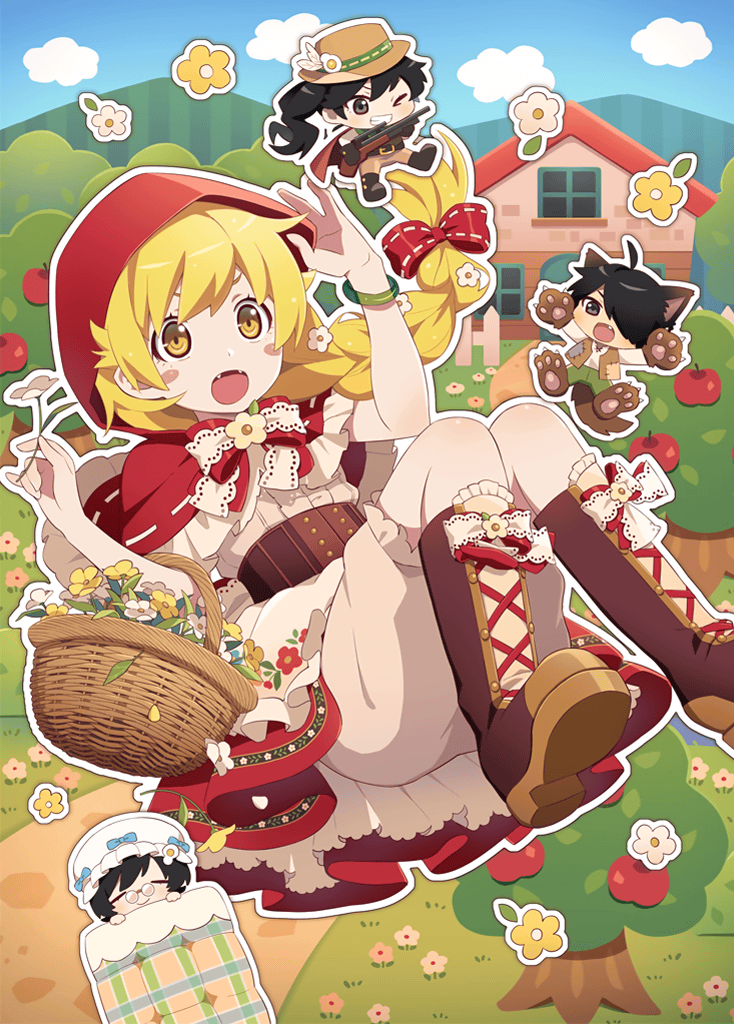 alternate_costume alternate_hairstyle apron araragi_karen araragi_koyomi araragi_tsukihi big_bad_wolf big_bad_wolf_(cosplay) bloomers boots bow cosplay flower_basket gun little_red_riding_hood monogatari_(series) monogatari_series_puc_puc oshino_shinobu red_bow rifle underwear weapon