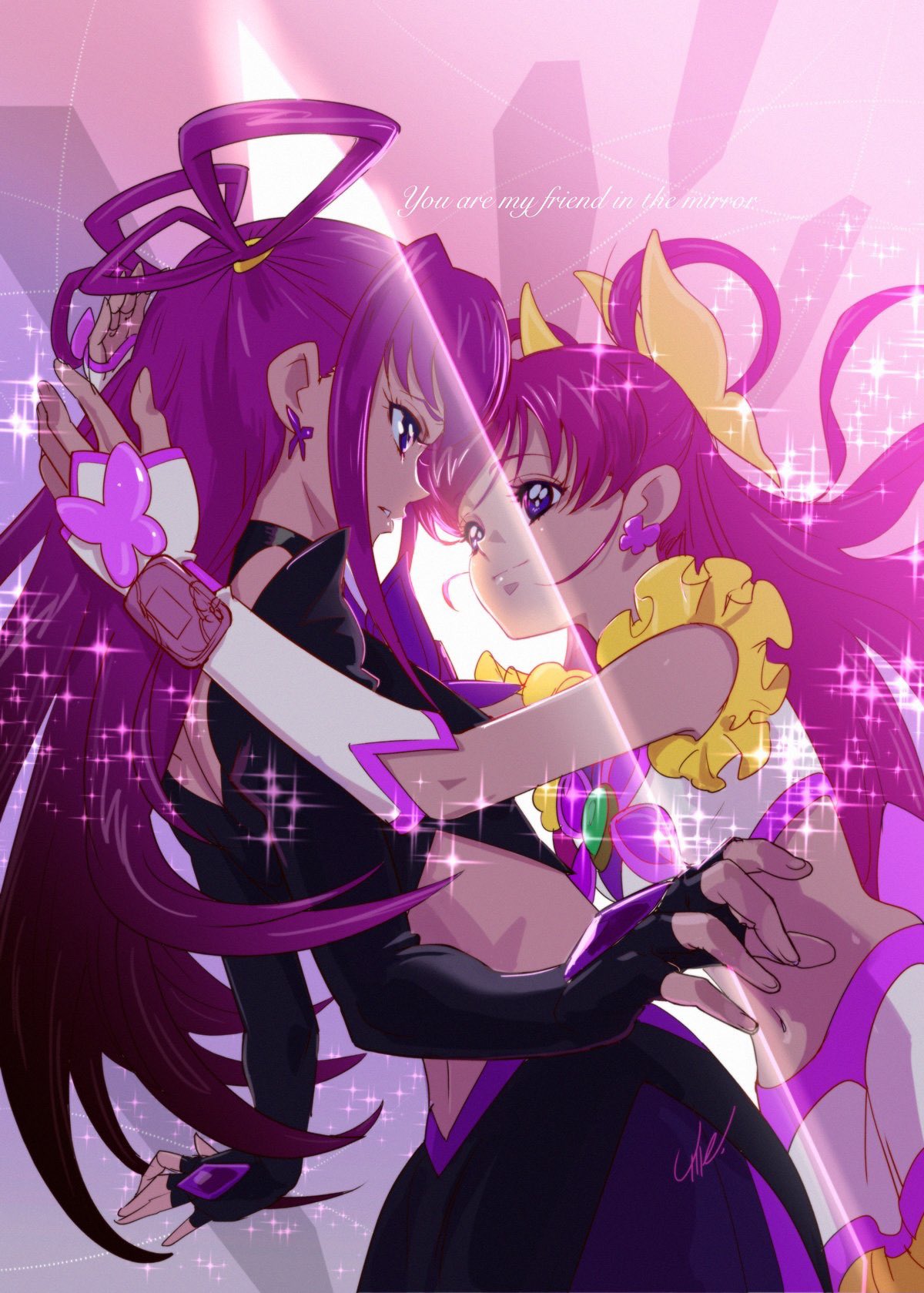 2girls back black_gloves black_skirt closed_mouth cowboy_shot cure_dream dark_cure_(yes!_precure_5) dark_dream earrings fingerless_gloves gloves hair_rings highres jewelry long_hair looking_at_another magical_girl midriff multiple_girls navel parted_lips pink_eyes pink_hair precure short_sleeves skirt smile tied_hair umeno_ryuuji violet_eyes white_skirt yes!_precure_5 yumehara_nozomi