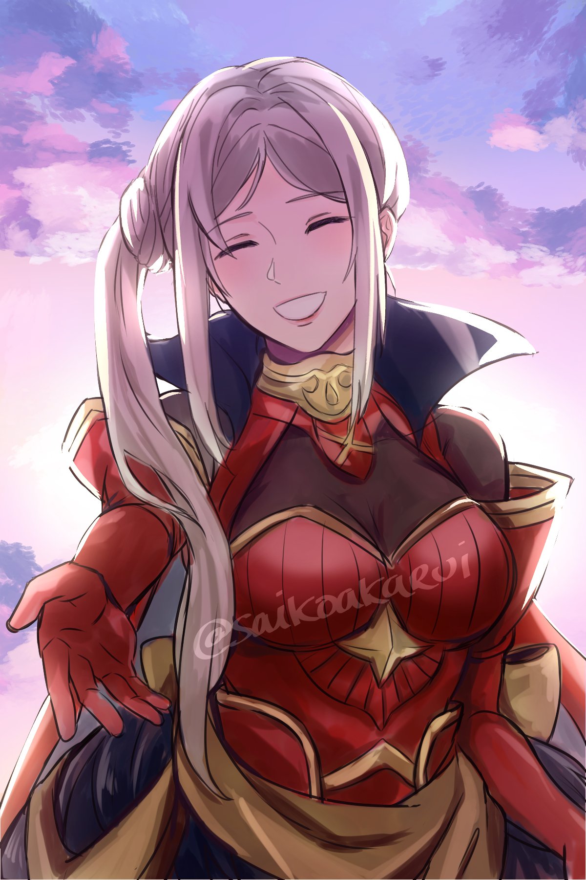 1girl blonde_hair blush breasts cape closed_eyes edelgard_von_hresvelg fire_emblem fire_emblem:_three_houses gloves hair_ornament highres long_hair looking_at_viewer ponytail red_cape saikoakarui side_ponytail simple_background smile solo white_background