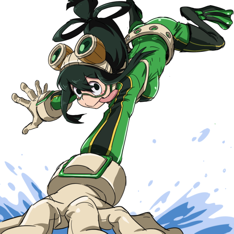 1girl :&gt; asui_tsuyu black_eyes black_hair blush bodysuit boku_no_hero_academia breasts commentary_request frog_girl gloves green_bodysuit hair_between_eyes hair_rings long_hair long_tongue looking_at_viewer low-tied_long_hair medium_breasts open_mouth simple_background smile solo tongue tongue_out water white_background yazwo