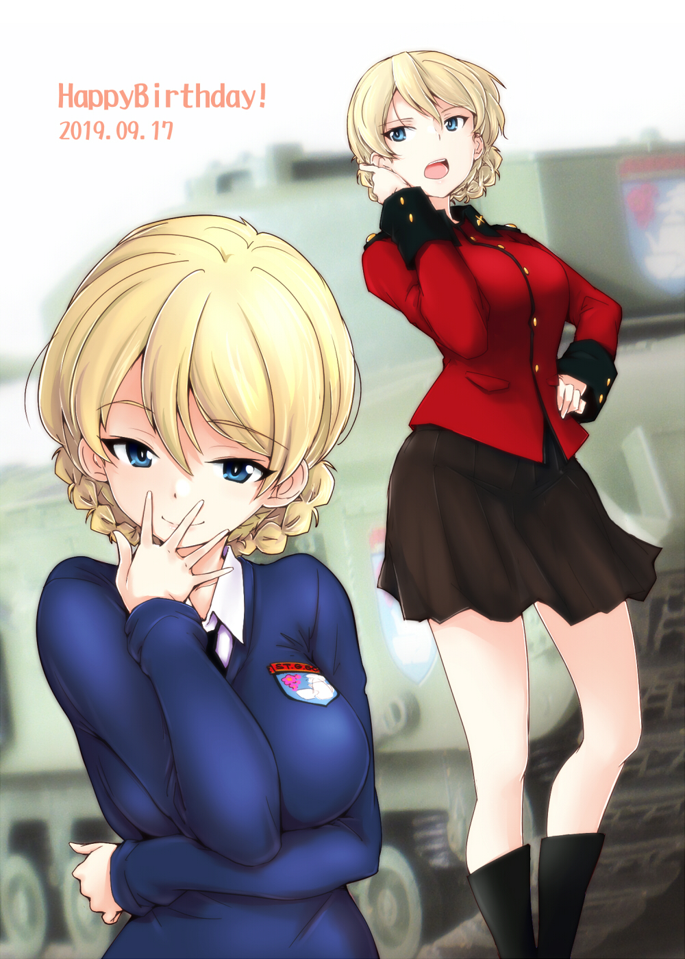 1girl black_footwear black_neckwear black_skirt blonde_hair blue_eyes blue_sweater blurry blurry_background boots braid churchill_(tank) closed_mouth commentary darjeeling depth_of_field dress_shirt emblem english_text epaulettes eyebrows_visible_through_hair frown girls_und_panzer ground_vehicle hand_in_hair hand_on_hip hand_to_own_mouth happy_birthday head_tilt highres jacket long_sleeves looking_at_viewer military military_uniform military_vehicle miniskirt motor_vehicle multiple_views necktie open_mouth pleated_skirt red_jacket sasaki_akira_(ugc) school_uniform shirt short_hair skirt smile st._gloriana's_(emblem) st._gloriana's_military_uniform st._gloriana's_school_uniform standing sweater tank tied_hair torso_grab twin_braids uniform v-neck white_background white_shirt wing_collar