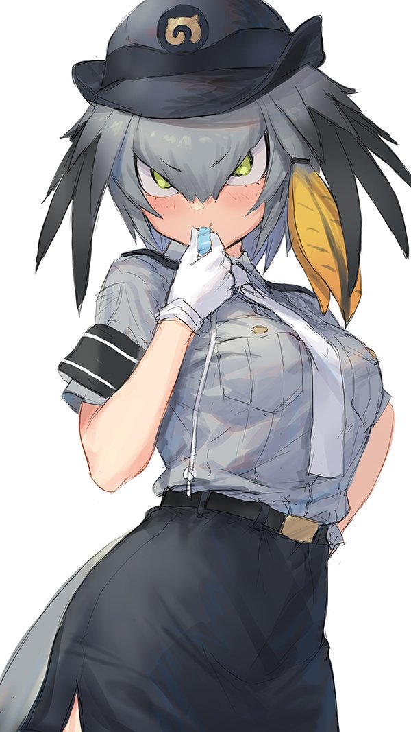 1girl alternate_costume belt bird_tail bird_wings blonde_hair blowing_whistle blush cowgirl_position eyebrows_visible_through_hair gloves green_eyes grey_hair guchico hair_tie hat head_wings japari_symbol kemono_friends multicolored_hair navy_blue_skirt necktie pencil_skirt police police_hat police_uniform shoebill_(kemono_friends) short_hair short_sleeves skirt solo straddling uniform whistle white_gloves white_neckwear wings