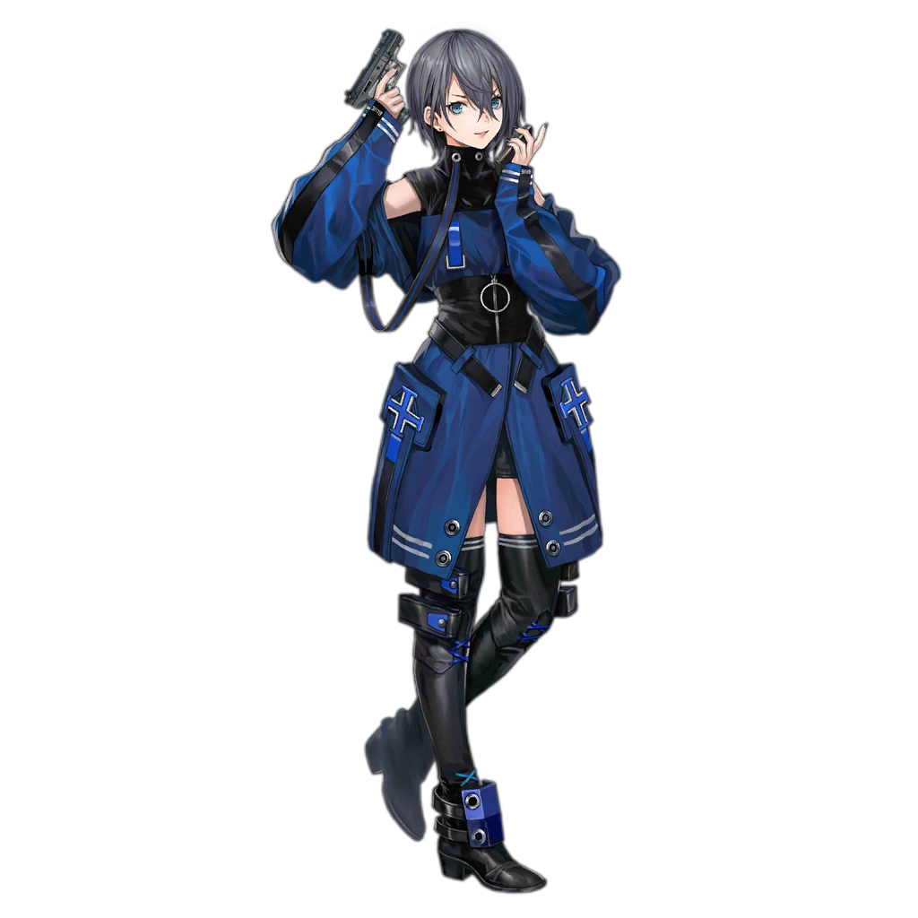 1girl ankle_guards baggy_clothes bangs black_legwear blue_coat blue_eyes boots breasts coat corset earrings eyebrows_visible_through_hair full_body girls_frontline grey_hair gun hair_between_eyes handgun holding holding_gun holding_magazine_(weapon) holding_weapon infukun jewelry long_sleeves looking_at_viewer magazine_(weapon) official_art p22_(girls_frontline) parted_lips short_hair shoulder_cutout sidelocks skindentation sleeves_past_wrists smile solo standing standing_on_one_leg strap stud_earrings thigh-highs thigh_boots transparent_background trigger_discipline turtleneck walther_p22 watermark weapon zipper