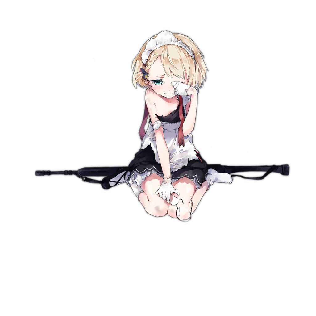 1girl alternate_costume assault_rifle blonde_hair blue_eyes blush braid broken_eyewear crying full_body g36_(girls_frontline) girls_frontline glasses gloves gun h&amp;k_g36 heckler_&amp;_koch maid maid_headdress official_art rifle short_hair shuzi solo tears torn_clothes transparent_background weapon younger