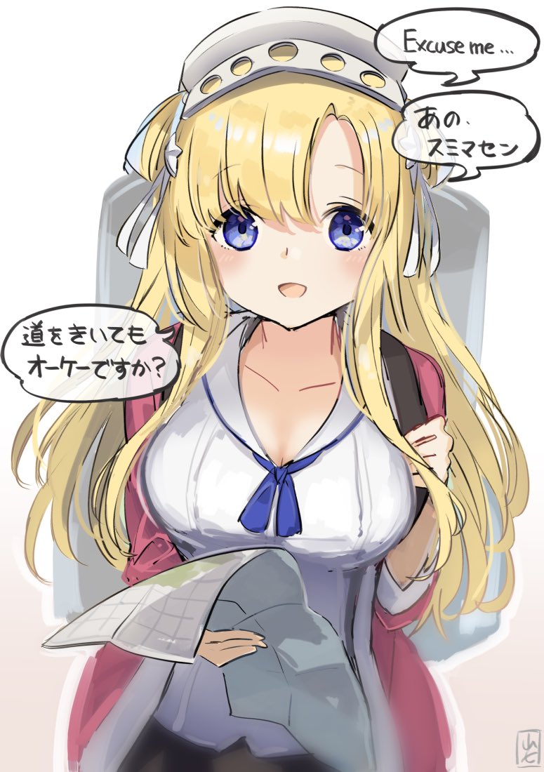 1girl backpack bag blazer blonde_hair blue_eyes breasts commentary_request cowboy_shot double_bun fletcher_(kantai_collection) jacket kantai_collection large_breasts long_hair looking_at_viewer map_(object) open_mouth pink_jacket shirt simple_background smile solo striped striped_shirt translated white_background white_shirt yamashiki_(orca_buteo)