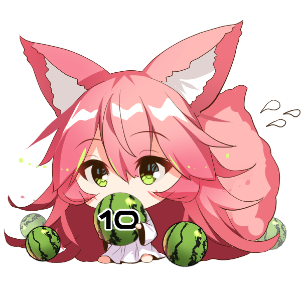 1girl animal_ear_fluff animal_ears bangs barefoot chibi covered_mouth dress eyebrows_visible_through_hair flying_sweatdrops food fox_ears fox_girl fox_tail fruit green_eyes hair_between_eyes holding holding_food long_hair long_sleeves original pink_hair sidelocks simple_background sitting solo tail tail_raised very_long_hair watermelon white_background white_dress wide_sleeves yuuji_(yukimimi)