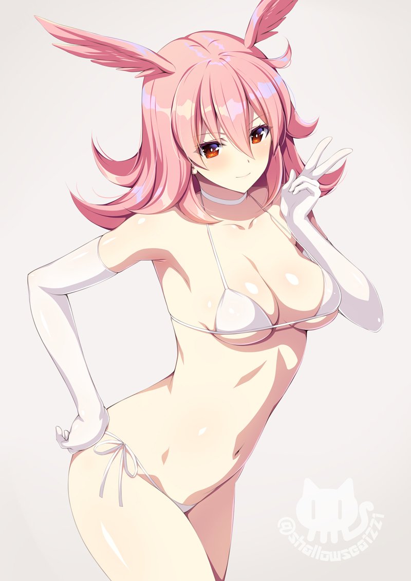 1girl asami_asami bangs bare_shoulders bikini blush breasts choker closed_mouth collarbone commentary_request cowboy_shot elbow_gloves eyebrows_visible_through_hair eyelashes fate/grand_order fate_(series) gloves groin hair_between_eyes hand_on_hip hand_up head_tilt head_wings hildr_(fate/grand_order) legs_together long_hair looking_at_viewer medium_breasts midriff navel orange_eyes pink_hair side-tie_bikini sidelocks simple_background skindentation solo standing stomach strap_gap string_bikini swimsuit twitter_username under_boob valkyrie_(fate/grand_order) white_bikini white_choker white_gloves