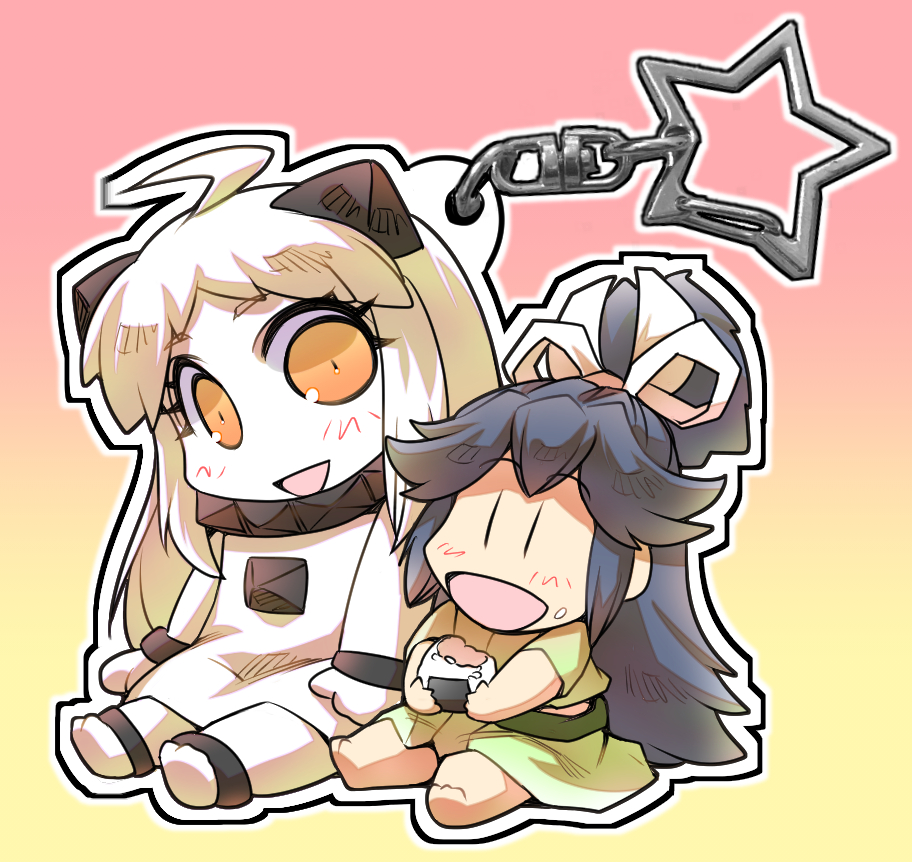 2girls ahoge barefoot black_hair chibi collar commentary_request food food_on_face hair_ribbon hisahiko holding holding_food horns japanese_clothes kantai_collection katsuragi_(kantai_collection) keychain long_hair long_sleeves mittens multiple_girls northern_ocean_hime onigiri open_mouth orange_eyes ponytail ribbon shinkaisei-kan short_sleeves sitting skirt smile star white_hair wide_sleeves younger