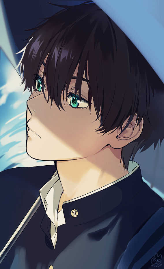 1boy black_hair black_jacket blue_eyes closed_mouth commentary_request face hair_between_eyes hyouka jacket male_focus mery_(apfl0515) oreki_houtarou short_hair signature umbrella